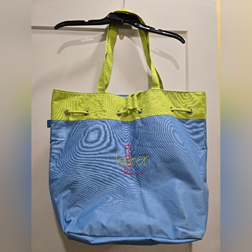 "L", Name Lauren On Blue and Green Tote Bag